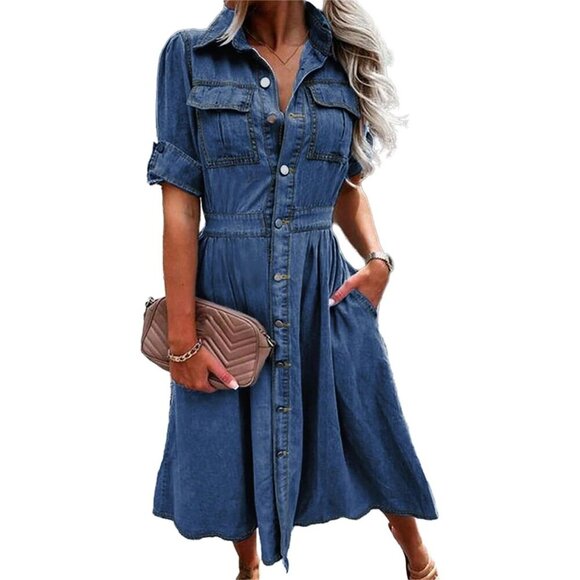 Dresses & Skirts - Women Denim Shirt Dress V Neck Short Sleeve A-Line Pockets Casual Blue